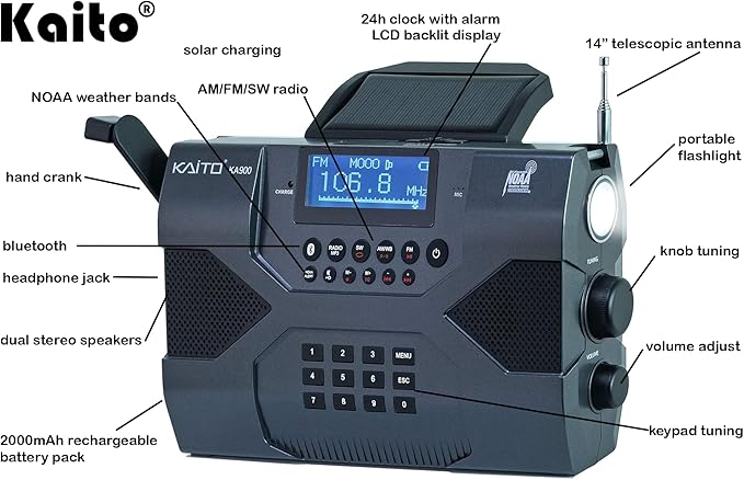 Kaito Emergency Radio Voyager Max KA900 Digital Solar Dynamo Crank Wind Up MP3 Player, Recorder & Phone Charger, Black