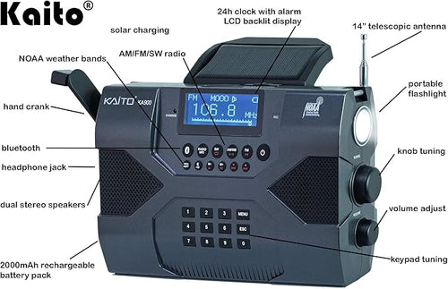 Kaito Emergency Radio Voyager Max KA900 Digital Solar Dynamo Crank Wind Up MP3 Player, Recorder & Phone Charger, Black