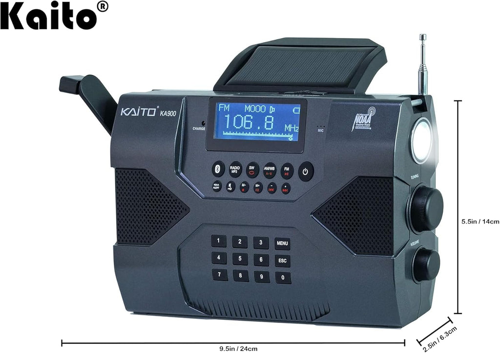 Kaito Emergency Radio Voyager Max KA900 Digital Solar Dynamo Crank Wind Up MP3 Player, Recorder & Phone Charger, Black