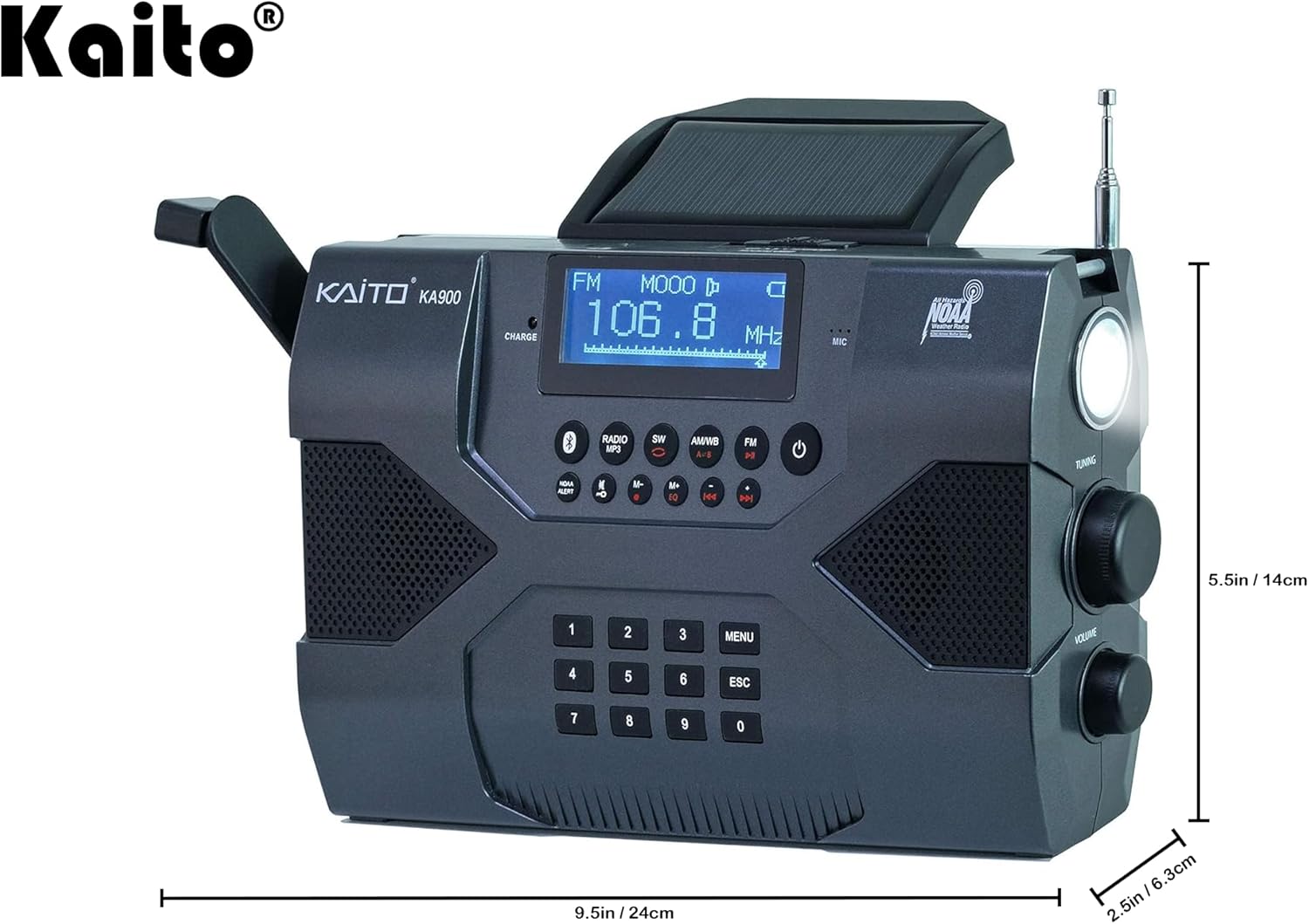 Kaito Emergency Radio Voyager Max KA900 Digital Solar Dynamo Crank Wind Up MP3 Player, Recorder & Phone Charger, Black