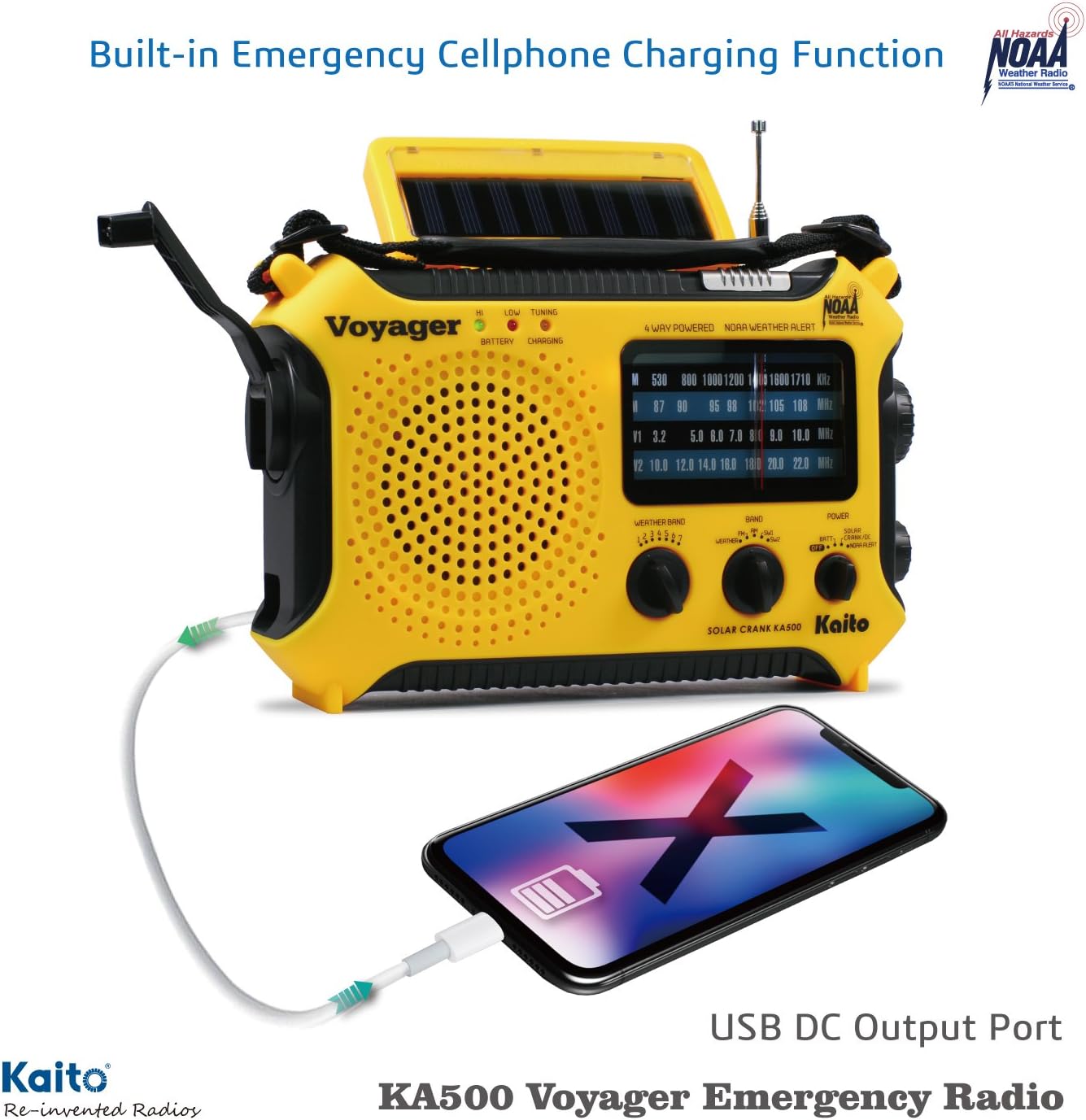 Kaito KA500 5-way Solar,Dynamo Crank,Flashlight and Reading Lamp, Yellow